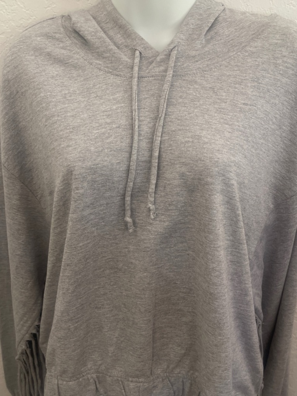 Women's Light Gray Fringe Hoodie - Casual Pullover - Picture 5 of 8